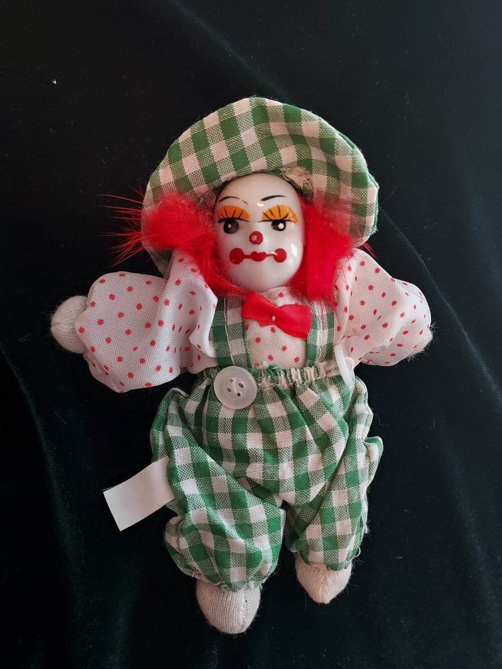 Vintage Clown Scary Mini Doll 6" tall sand filled body + china head painted EUC